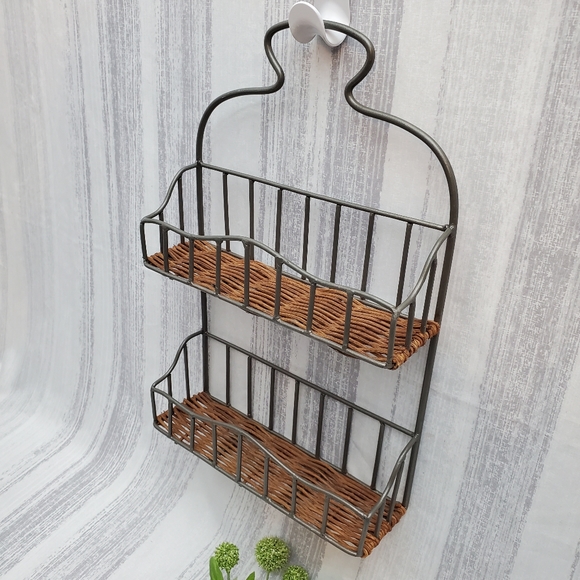 Vintage 2 Tier Iron and Wicker Wall Rack